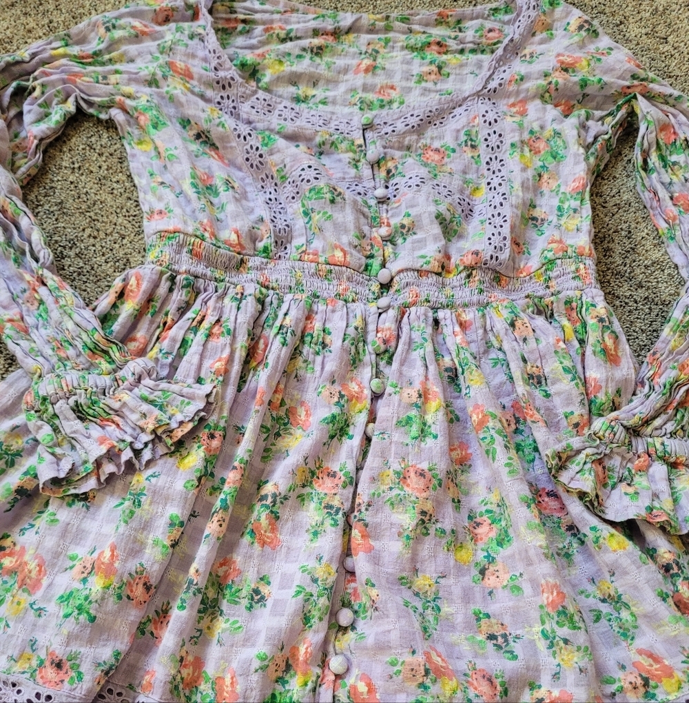 Asos Design Women Floral Purple V Neck Button Front Long Sleeve Mini Dress 12 - Picture 3 of 5